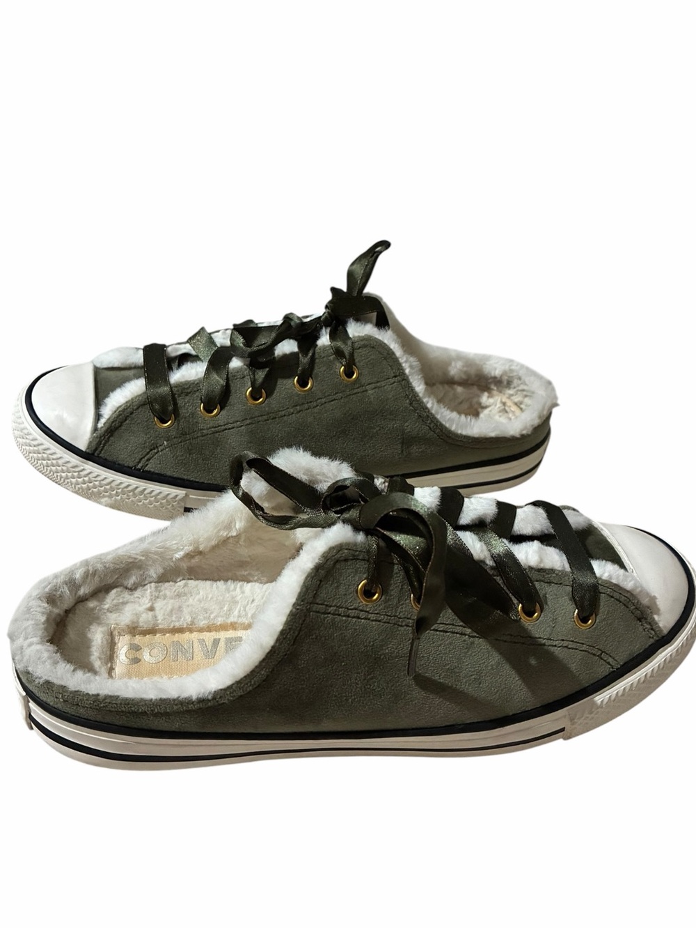 Converse Olive Green Faux-Fur Slip-On Backless Sneakers